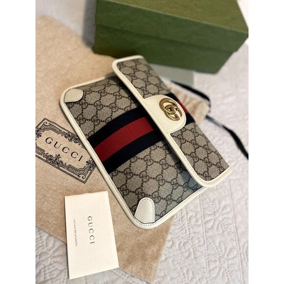 Gucci Ophidia Flap Belt Bag GG Coated Canvas Brown, White - Picture 6 of 13